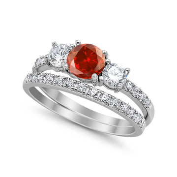 3-Stone Wedding Bridal Piece Ring Simulated Garnet CZ 925 Sterling Silver